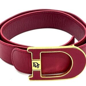Auth Christian Dior Golden D Logo Buckle Burgundy Red Leather Belt